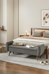 Rackhams 2-Seat Linen Upholstered Storage Bench with Side Arms and Walnut Colored Legs - Grey