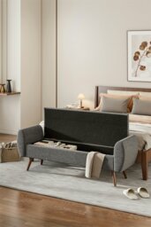 Rackhams 2-Seat Linen Upholstered Storage Bench with Side Arms and Walnut Colored Legs - Grey - thumbnail 2