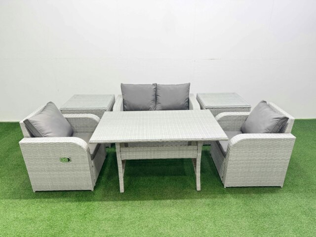 Rackhams Light Grey PE Wicker Rattan Garden Furniture Set Sofa Set Reclining Chair Rectangular Dining Table 4 Seater With 2 Side Table - image 1