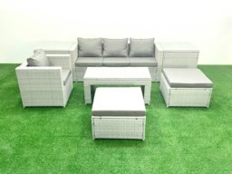 Rackhams 6-Seater Outdoor Rattan Sofa Set - Grey Cushions, Coffee Table, 2 Side Tables, 2 Large Footstools - Conservatory/Patio