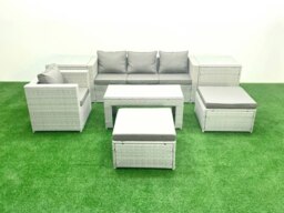 Rackhams 6-Seater Outdoor Rattan Sofa Set - Grey Cushions, Coffee Table, 2 Side Tables, 2 Large Footstools - Conservatory/Patio - thumbnail 2