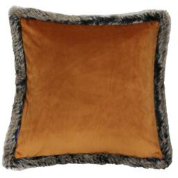 Rackhams Kiruna Faux Fur Edged Velvet Style Square Cushion Cover - Rust - 45 x 45cm - Rust - 100% Polyester