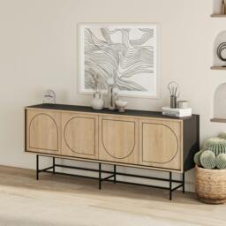 Rackhams Modern Joji Sideboard 4 Storage Shelves with 4 Doors Console Table 187(W)cm Sturdy 6 Metal Legs 28(H)cm Silky Black, Oak - Black Oak - thumbnail 1