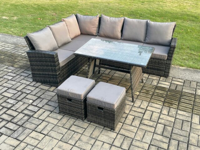 Rackhams Outdoor Furniture Garden Dining Set Rattan Corner Sofa Set with 2 Small Footstools Dark Grey Mixed - image 1