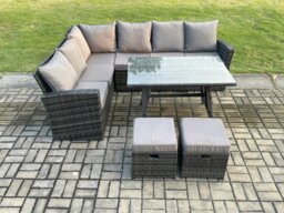 Rackhams Outdoor Furniture Garden Dining Set Rattan Corner Sofa Set with 2 Small Footstools Dark Grey Mixed - thumbnail 2