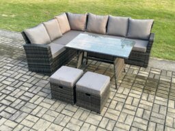 Rackhams Outdoor Furniture Garden Dining Set Rattan Corner Sofa Set with 2 Small Footstools Dark Grey Mixed - thumbnail 1