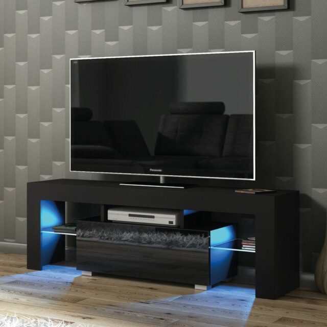 Rackhams 130cm TV Unit Cabinet Stand with Black High Gloss Doors and Free LED Lights - 130 cm - 1 - MDF/Chipboard - image 1