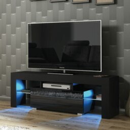 Rackhams 130cm TV Unit Cabinet Stand with Black High Gloss Doors and Free LED Lights - 130 cm - 1 - MDF/Chipboard