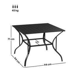 Rackhams Garden Table with Parasol Hole for Four, Slatted Metal Plate Top Black - Black - Steel - 94cmx94cmx71cm - thumbnail 5