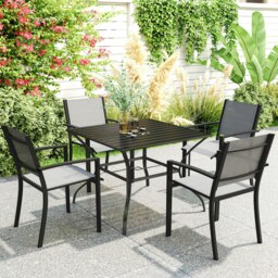 Rackhams Garden Table with Parasol Hole for Four, Slatted Metal Plate Top Black - Black - Steel - 94cmx94cmx71cm