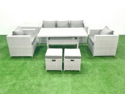 Rackhams Garden Dining Set Outdoor Rattan Furniture Set with Sofa Dining Table 2 Chairs 2 Small Footstools Side Table Light Grey Mixed - thumbnail 2