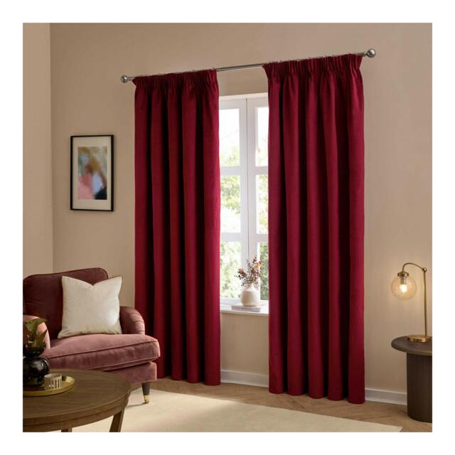 Rackhams Ultimate Velvet Pencil Pleat Curtains - Burgundy - 117cm x 137cm - Burgundy - 100% Polyester
