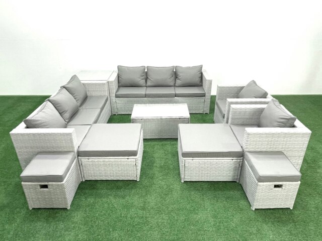 Rackhams 10 Pieces Rattan Garden Furniture Set Outdoor Garden Sofa Chair Coffee Table Set with 4 Footstools Side Table Light Grey Mixed - image 1