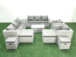 Rackhams 10 Pieces Rattan Garden Furniture Set Outdoor Garden Sofa Chair Coffee Table Set with 4 Footstools Side Table Light Grey Mixed - thumbnail 1
