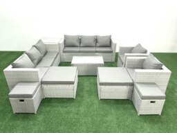 Rackhams 10 Pieces Rattan Garden Furniture Set Outdoor Garden Sofa Chair Coffee Table Set with 4 Footstools Side Table Light Grey Mixed - thumbnail 2