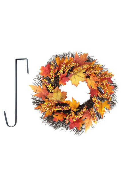 Rackhams 45cm Artificial Fall Wreath for Front Door with Hook & Light Maple Leaf Berry Rattan Ring Wreath - Orange - image 1