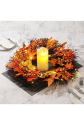 Rackhams 45cm Artificial Fall Wreath for Front Door with Hook & Light Maple Leaf Berry Rattan Ring Wreath - Orange - thumbnail 4