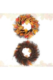 Rackhams 45cm Artificial Fall Wreath for Front Door with Hook & Light Maple Leaf Berry Rattan Ring Wreath - Orange - thumbnail 5