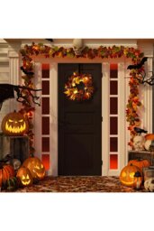 Rackhams 45cm Artificial Fall Wreath for Front Door with Hook & Light Maple Leaf Berry Rattan Ring Wreath - Orange - thumbnail 2