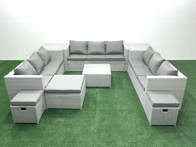 Rackhams Rattan Garden Outdoor Furniture Set 12 Seater Rattan Garden Sofa Set with 3 Footstools 2 Side Tables Light Grey Mixed - image 1