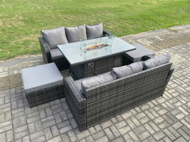 Rackhams Garden Patio Furniture Wicker Rattan Gas Fire Pit Table and Sofa set with 2 Big Footstool - image 1