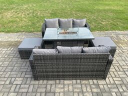 Rackhams Garden Patio Furniture Wicker Rattan Gas Fire Pit Table and Sofa set with 2 Big Footstool - thumbnail 2