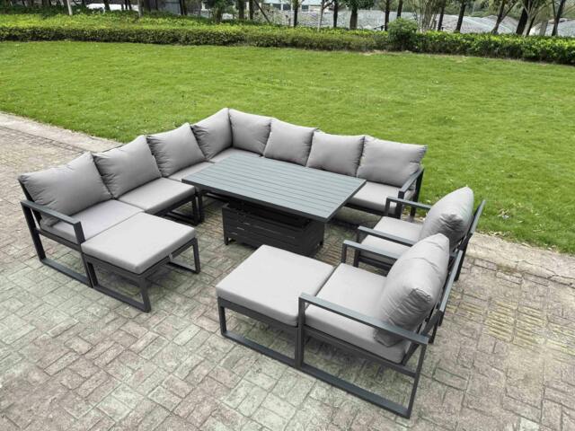 Rackhams 11 Seater Aluminium Sofa Set 10 Piece Outdoor Garden Furniture - Rising Dining Table w/ Cushions 2 Big Footstools 2 Chair Footstool Dark Grey - image 1