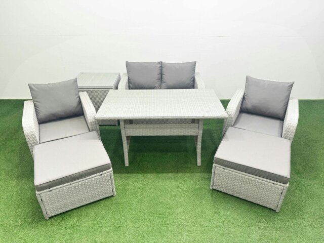 Rackhams Light Grey PE Wicker Rattan Garden Furniture Set Sofa Set Reclining Chair Rectangular Dining Table 6 Seater 2 Big Stools Side Table - image 1