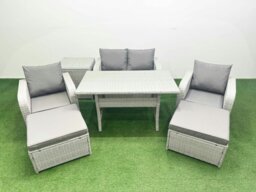 Rackhams Light Grey PE Wicker Rattan Garden Furniture Set Sofa Set Reclining Chair Rectangular Dining Table 6 Seater 2 Big Stools Side Table - thumbnail 1