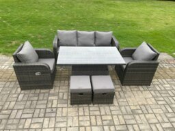 Rackhams Rattan Furniture Garden Dining Sets Outdoor Height Adjustable Rising lifting Table and Chair Set With Lounge Sofa 2 Small Footstools - thumbnail 1