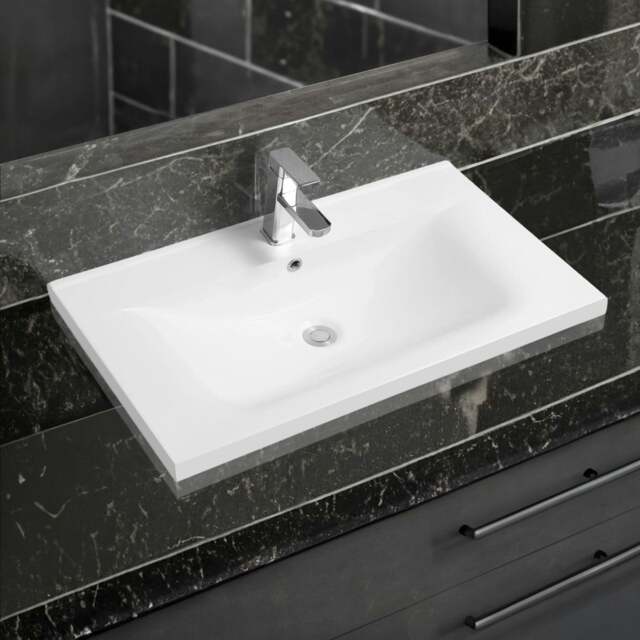 Rackhams 5089 Ceramic 81cm Thin-Edge Inset Basin with Dipped Bowl - White - Ceramic - 81cm - image 1