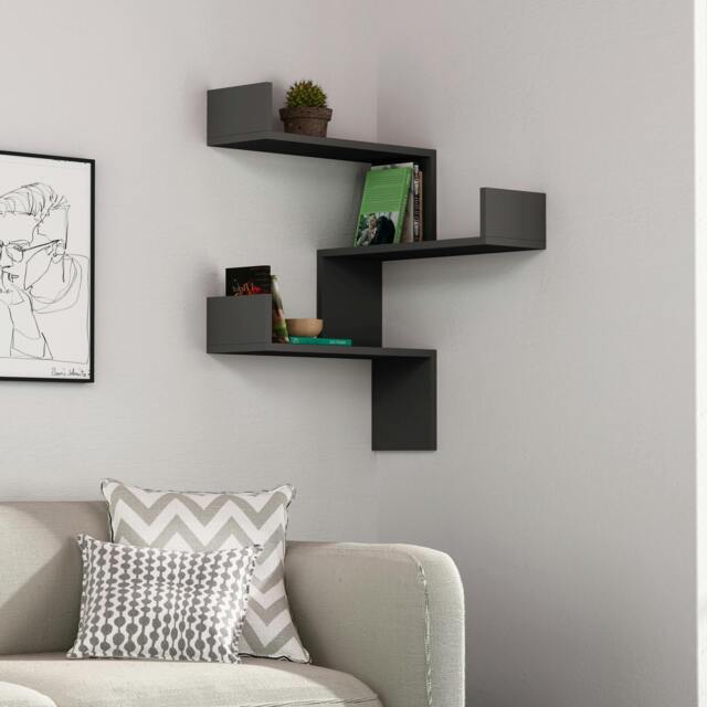 Rackhams Luksa Modern Wall Shelf Bookcase Wall Mounted Corner Zigzag Design 60cm - Anthracite Grey - image 1