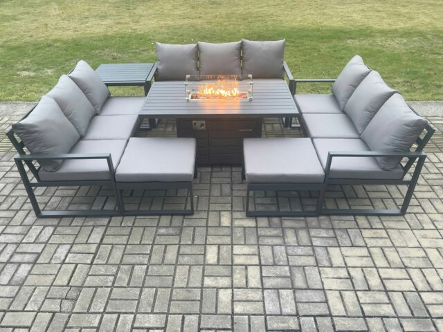Rackhams Aluminium 11 Seater Garden Furniture Outdoor Set Patio Lounge Sofa Gas Fire Pit Dining Table Set with 2 Big Footstools Side Table Dark Grey - image 1