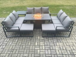 Rackhams Aluminium 11 Seater Garden Furniture Outdoor Set Patio Lounge Sofa Gas Fire Pit Dining Table Set with 2 Big Footstools Side Table Dark Grey