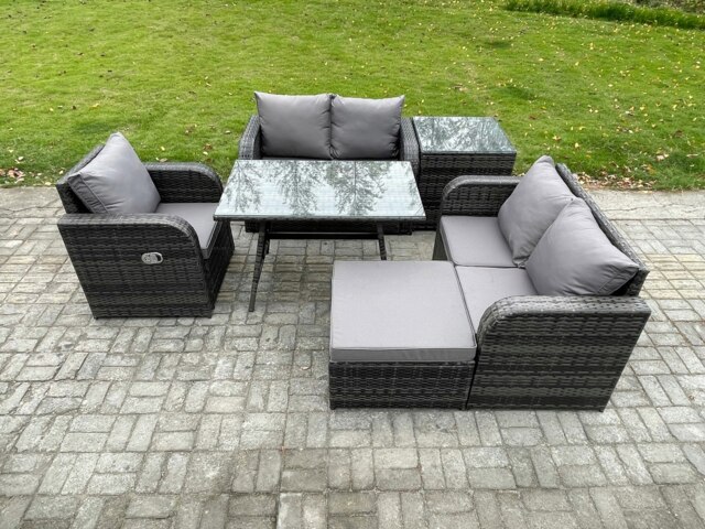 Rackhams 6 Pieces Outdoor Garden Dining Sets Rattan Furniture With Dining Table Armchairs Love Sofa Big Footstool Side Table Dark Grey Mixed - image 1