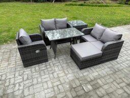 Rackhams 6 Pieces Outdoor Garden Dining Sets Rattan Furniture With Dining Table Armchairs Love Sofa Big Footstool Side Table Dark Grey Mixed - thumbnail 2