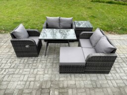 Rackhams 6 Pieces Outdoor Garden Dining Sets Rattan Furniture With Dining Table Armchairs Love Sofa Big Footstool Side Table Dark Grey Mixed - thumbnail 1