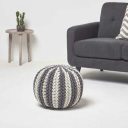 Rackhams Off White and Grey Knitted Pouffe Striped Footstool - 35 x 40 cm - thumbnail 2