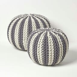 Rackhams Off White and Grey Knitted Pouffe Striped Footstool - 35 x 40 cm - thumbnail 5