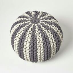 Rackhams Off White and Grey Knitted Pouffe Striped Footstool - 35 x 40 cm - thumbnail 3