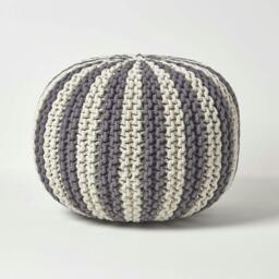 Rackhams Off White and Grey Knitted Pouffe Striped Footstool - 35 x 40 cm - thumbnail 6