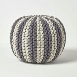 Rackhams Off White and Grey Knitted Pouffe Striped Footstool - 35 x 40 cm
