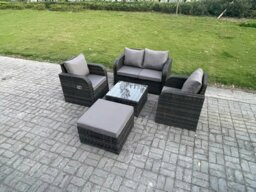 Rackhams Wicker PE Rattan Garden Furniture Set Outdoor Lounge Sofa Set with Love Sofa Square Coffee Table Big Footstool Dark Grey Mixed - thumbnail 1