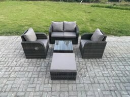 Rackhams Wicker PE Rattan Garden Furniture Set Outdoor Lounge Sofa Set with Love Sofa Square Coffee Table Big Footstool Dark Grey Mixed - thumbnail 2