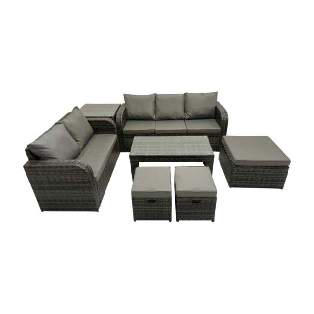Rackhams Rattan Garden Outdoor Furniture Set 3 Seater Sofa Love Sofa Coffee Table with 3 Footstools Side Table Dark Grey Mixed - image 1