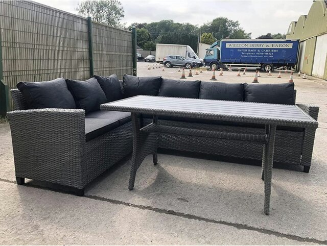 Rackhams Rattan Weatherproof Garden 5 Seater Corner Sofa Lounge Set with Dining Table - Grey - image 1