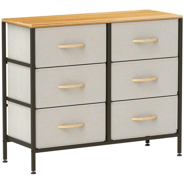 Rackhams Fabric Chest of Drawers, Industrial Bedroom Dresser with 6 Fabric Drawers, Steel Frame and Wooden Top for Nursery, Living Room, Hallway, Cream White
