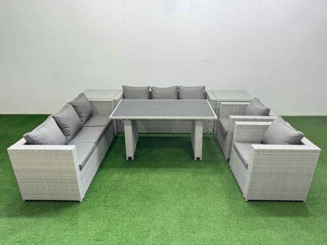 Rackhams 8 Seater Wicker PE Rattan Furniture Outdoor Dining Table 3 Seater Sofa Armchair Set with 2 Side Tables Light Grey - image 1