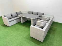 Rackhams 8 Seater Wicker PE Rattan Furniture Outdoor Dining Table 3 Seater Sofa Armchair Set with 2 Side Tables Light Grey - thumbnail 2