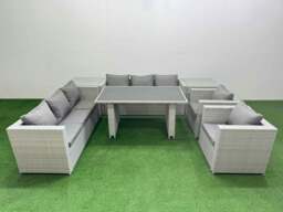 Rackhams 8 Seater Wicker PE Rattan Furniture Outdoor Dining Table 3 Seater Sofa Armchair Set with 2 Side Tables Light Grey - thumbnail 1